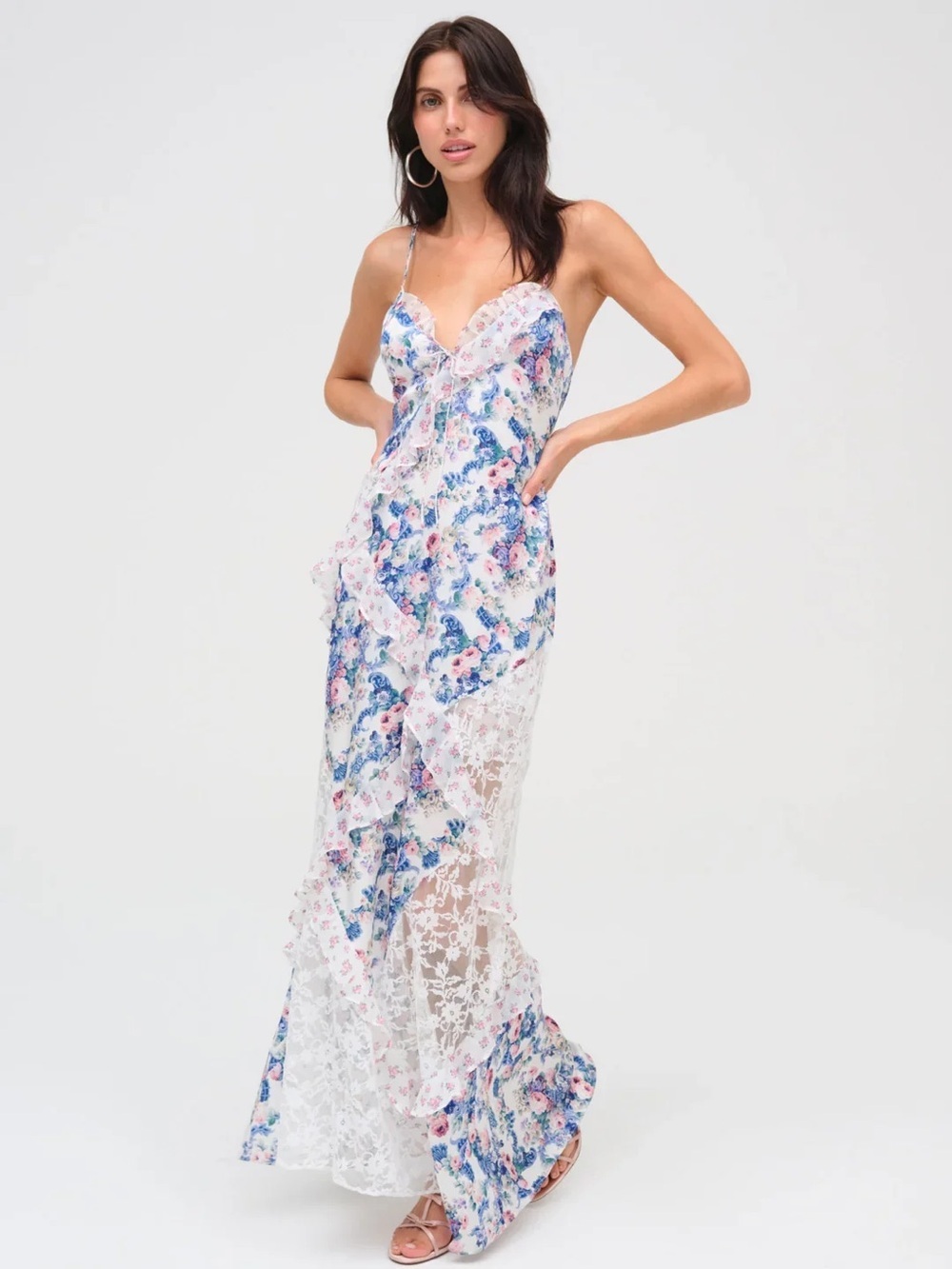 For Love & Lemons Blue Pink Floral Backless Lace Maxi Dress large Joselyn